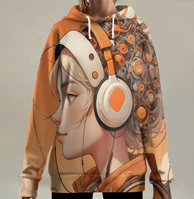 Девушка в наушниках механической конструкции, Hoodie Long Oversize 3D