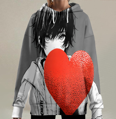Юноша держит красное сердце перед собой, Hoodie Long Oversize 3D