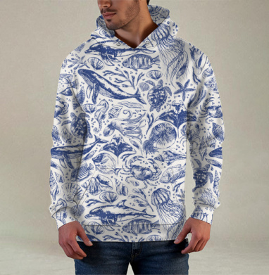 Океанические существа в стиле старой гравюры / Ocean creatures engraving style, Худи / Мужская / С карманом / 3D
