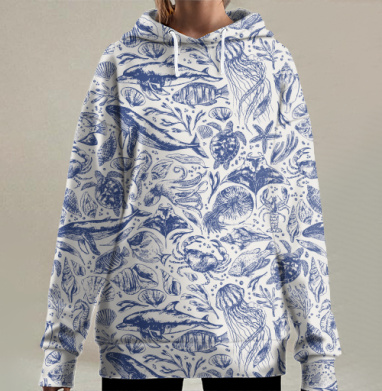 Океанические существа в стиле старой гравюры / Ocean creatures engraving style, Hoodie Long Oversize 3D
