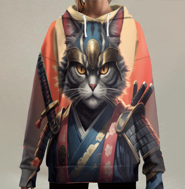 Грозный кот-самурай с катаной на фоне восходящего солнца, Hoodie Long Oversize 3D