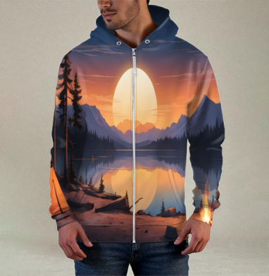 Nature adventures at the mountain lake sunset / Поход к горному озеру на закате, Толстовка мужская на молнии 3Д полная запечатка