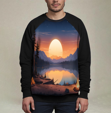 Nature adventures at the mountain lake sunset / Поход к горному озеру на закате, Свитшот мужской 3D / хлопок