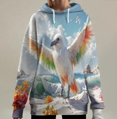 Яркий белый попугай на тропическом пляже, Hoodie Long Oversize 3D