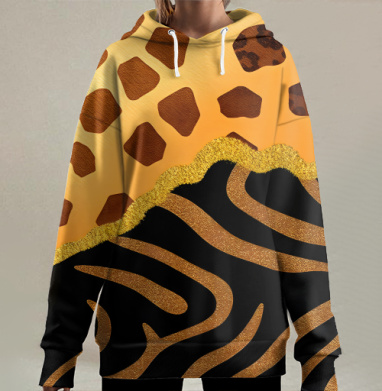 Golden animal print / Золотой анималистичный паттерн зебры и жирафа, Hoodie Long Oversize 3D