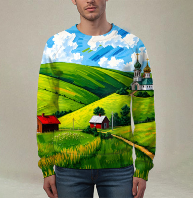 Village Summer Landscape - Летний сельский пейзаж с золотыми куполами церкви, Свитшот мужской 3D