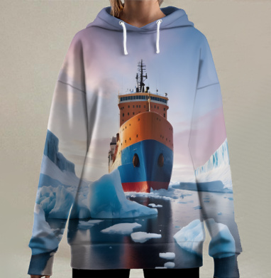 Мощный ледокол пробивается сквозь толстый лёд, Hoodie Long Oversize 3D