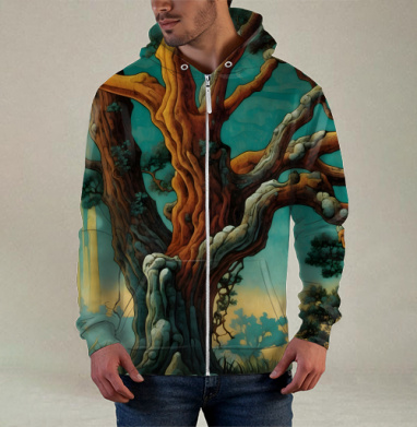Golden tree in turquoise forest / Золотое дерево в бирюзовом лесу, Толстовка мужская на молнии 3Д полная запечатка