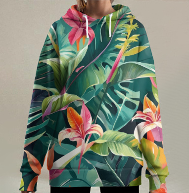 Тропические растения листья экзотические цветы яркие, Hoodie Long Oversize 3D