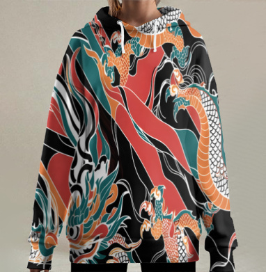 Восточные драконы парят среди волн, Hoodie Long Oversize 3D