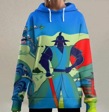Японский самурай воин на фоне Фудзи, Hoodie Long Oversize 3D