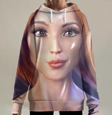 Нежный портрет девушки с зелеными глазами и мягкой улыбкой, Hoodie Long Oversize 3D