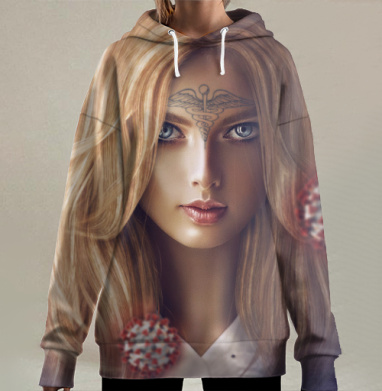Медицинский символ и вирусная угроза лицо женщины, Hoodie Long Oversize 3D