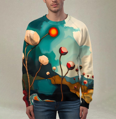 Surreal Flower Garden Абстрактные цветы тянутся к сияющему теплому солнцу, Свитшот мужской 3D