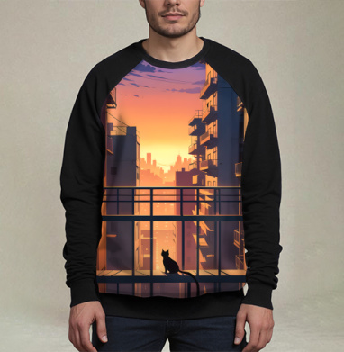 Silhouette Cat Watching City Sunset Силуэт кота смотрящего на закат города, Свитшот мужской 3D / хлопок