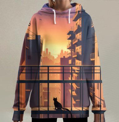 Silhouette Cat Watching City Sunset Силуэт кота смотрящего на закат города, Hoodie Long Oversize 3D