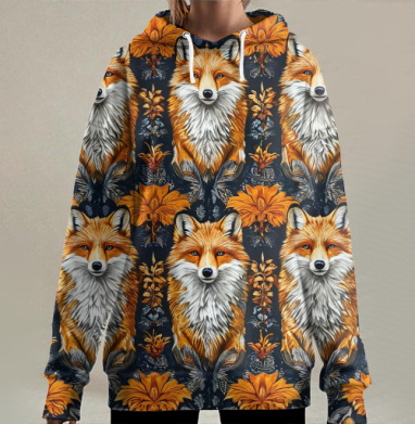 Рыжая лисица и лесные бутоны / Fox buds лисица оранжевые цветы, Hoodie Long Oversize 3D
