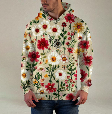 Vintage Wildflower Meadow Garden Pattern / Винтажный луг садовый полевые цветы, Худи / Мужская / С карманом / 3D