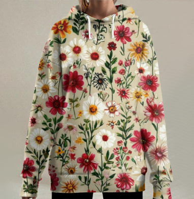 Vintage Wildflower Meadow Garden Pattern / Винтажный луг садовый полевые цветы, Hoodie Long Oversize 3D