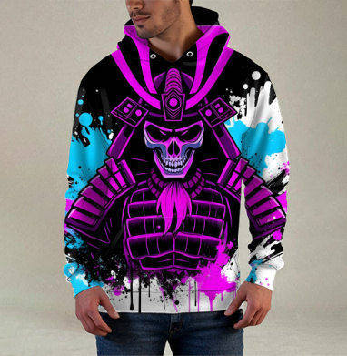 Neon Cyber Samurai Warrior / Самурай Череп в ярких брызгах краски, Худи / Мужская / С карманом / 3D