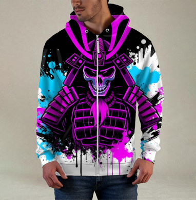 Neon Cyber Samurai Warrior / Самурай Череп в ярких брызгах краски, Толстовка мужская на молнии 3Д полная запечатка