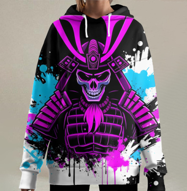 Neon Cyber Samurai Warrior / Самурай Череп в ярких брызгах краски, Hoodie Long Oversize 3D