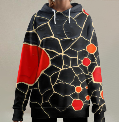 Насыщенная огненная абстракция красная лава и черные клетки, Hoodie Long Oversize 3D