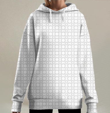 White Puzzle Piece Geometry / Белая геометрия деталей пазла черных линий, Hoodie Long Oversize 3D