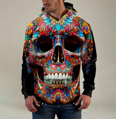 Floral Skull - Цветочный мексиканский череп яркий красочный декор, Худи / Мужская / С карманом / 3D