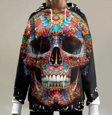 Floral Skull - Цветочный мексиканский череп яркий красочный декор, Hoodie Long Oversize 3D