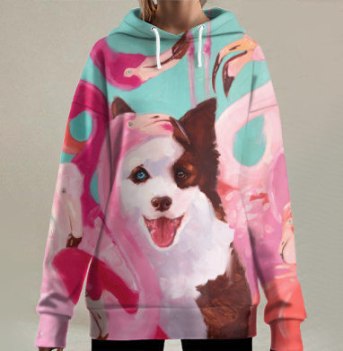 Счастливая собака в окружении розовых фламинго, Hoodie Long Oversize 3D