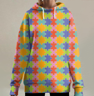 Бесконечная яркая мозаика из элементов Puzzle Pattern Узор пазлов, Hoodie Long Oversize 3D