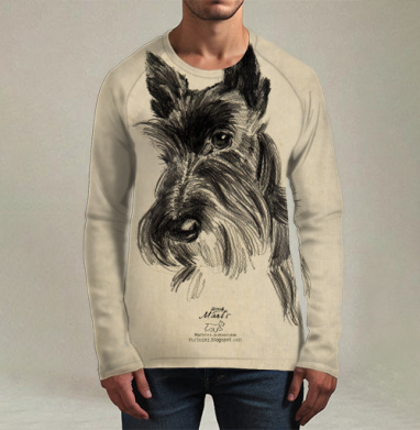 Scottish Terrier Шотландский терьер эскиз портрет черного пса, Футболка мужская лонгслив 3Д