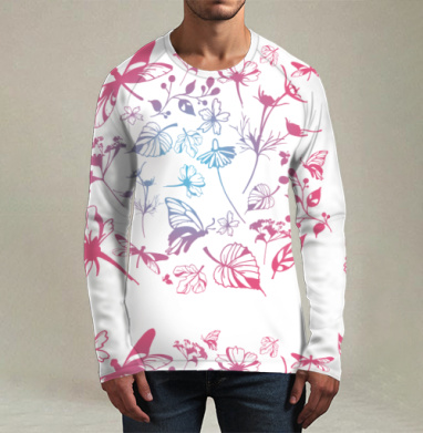 Нежные цветы бабочки плавный переход мягкие тона, Футболка мужская лонгслив 3Д