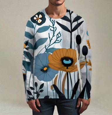 Дикие горчичные маки и синие полевые цветы Botanical floral pattern, Футболка мужская лонгслив 3Д