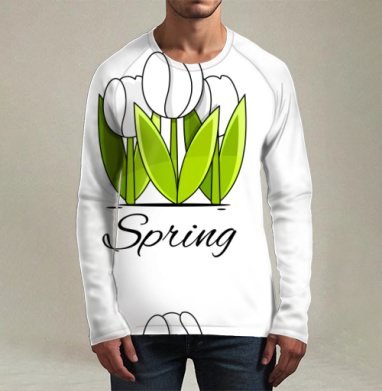 Белые тюльпаны и зелёные листья весна надпись Spring, Футболка мужская лонгслив 3Д
