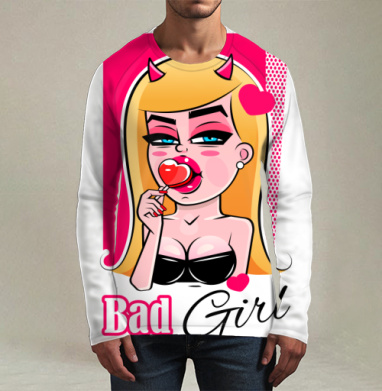 Дерзкая девушка с леденцом и рогами Bad Girl, Футболка мужская лонгслив 3Д