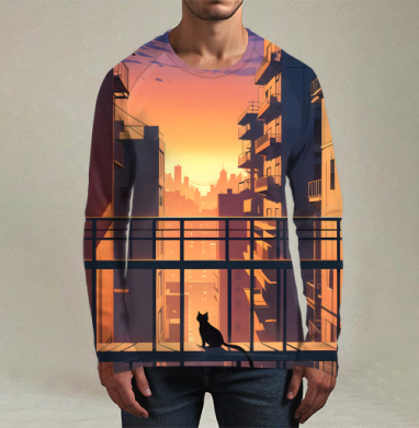 Silhouette Cat Watching City Sunset Силуэт кота смотрящего на закат города, Футболка мужская лонгслив 3Д