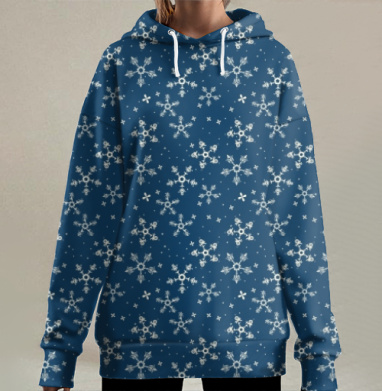 Изящные белые снежинки на темно-синем фоне зимний узор снежинки, Hoodie Long Oversize 3D