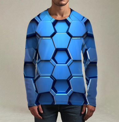 Futuristic Digital Abstract – Синий металлический шестигранник, Футболка мужская лонгслив 3Д