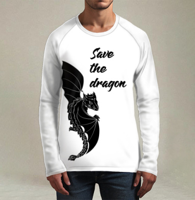 Милый черный дракон с крыльями ползет по футболке Save the dragon, Футболка мужская лонгслив 3Д