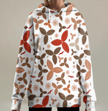 Стилизованные осенние листья и мелкие полевые цветы на черном фоне, Hoodie Long Oversize 3D