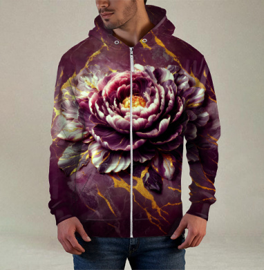 Golden Marble Peony – Золотой мраморный пион на фоне декоративного изделия, Толстовка мужская на молнии 3Д полная запечатка