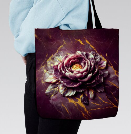 Golden Marble Peony – Золотой мраморный пион на фоне декоративного изделия, Сумка с ручкой и внутренним карманом на молнии