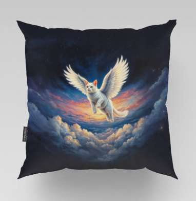 Магический летающий белый кот ангел в небе Flying white angel cat - Магазин футболок AnnArtshock - Дизайнерские принты, Подушки