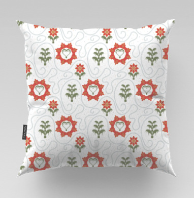 Heart Flower Pattern – Сердечный цветочный орнамент на черном фоне, Подушка велюр плюшевая 45х45