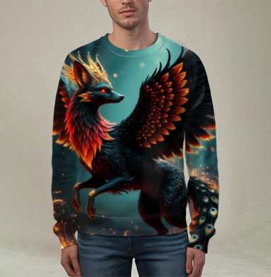 Fire Fox Phoenix Hybrid – Огненная лиса феникс в лесу мистический дух природы, Свитшот мужской 3D