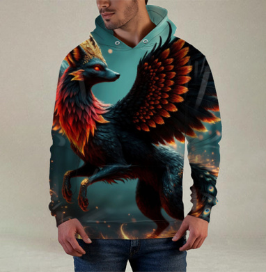 Fire Fox Phoenix Hybrid – Огненная лиса феникс в лесу мистический дух природы, Худи / Мужская / С карманом / 3D