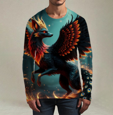 Fire Fox Phoenix Hybrid – Огненная лиса феникс в лесу мистический дух природы, Футболка мужская лонгслив 3Д