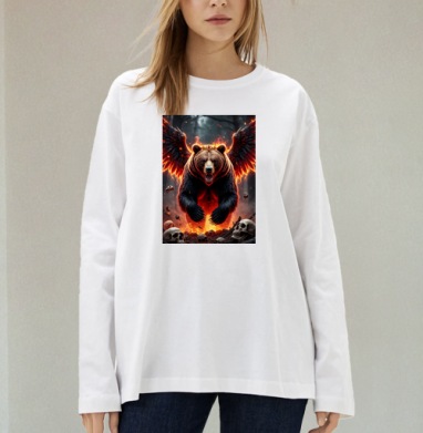 Могучий коронованный огненный медведь с крыльями / Fire Bear Wings, Футболка лонгслив женская белая